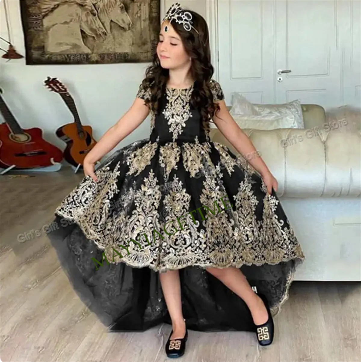 Princesa Flower Girl Dress, Mangas curtas, Applique Dourado, Hi-lo, Vestidos de festa, Concurso, Casamento