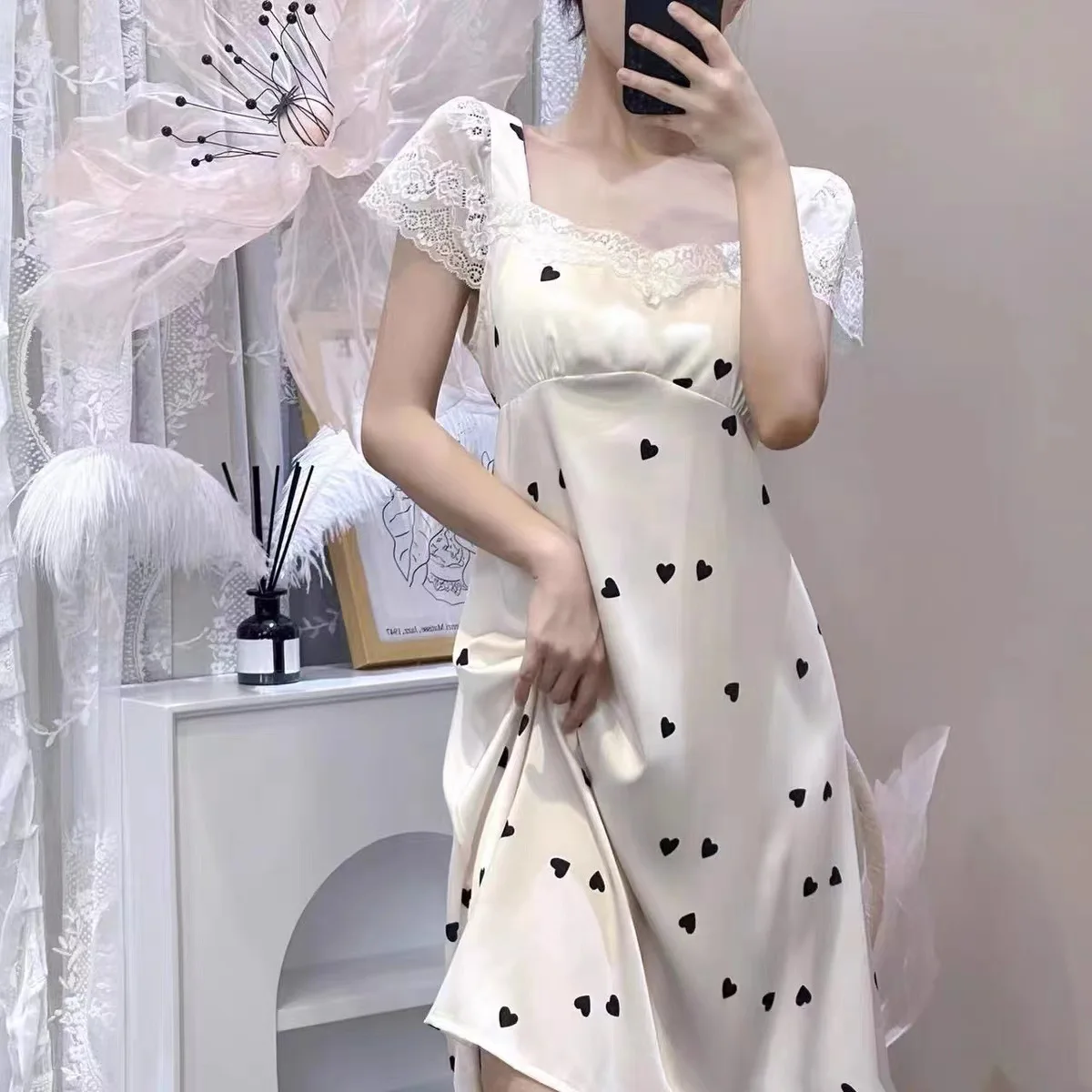 Summer Female Nightgown Sleepwear Sexy Lace Nightdress Bath Robe Sweet White Print Lover Home Dressing Gown Rayon Loungewear