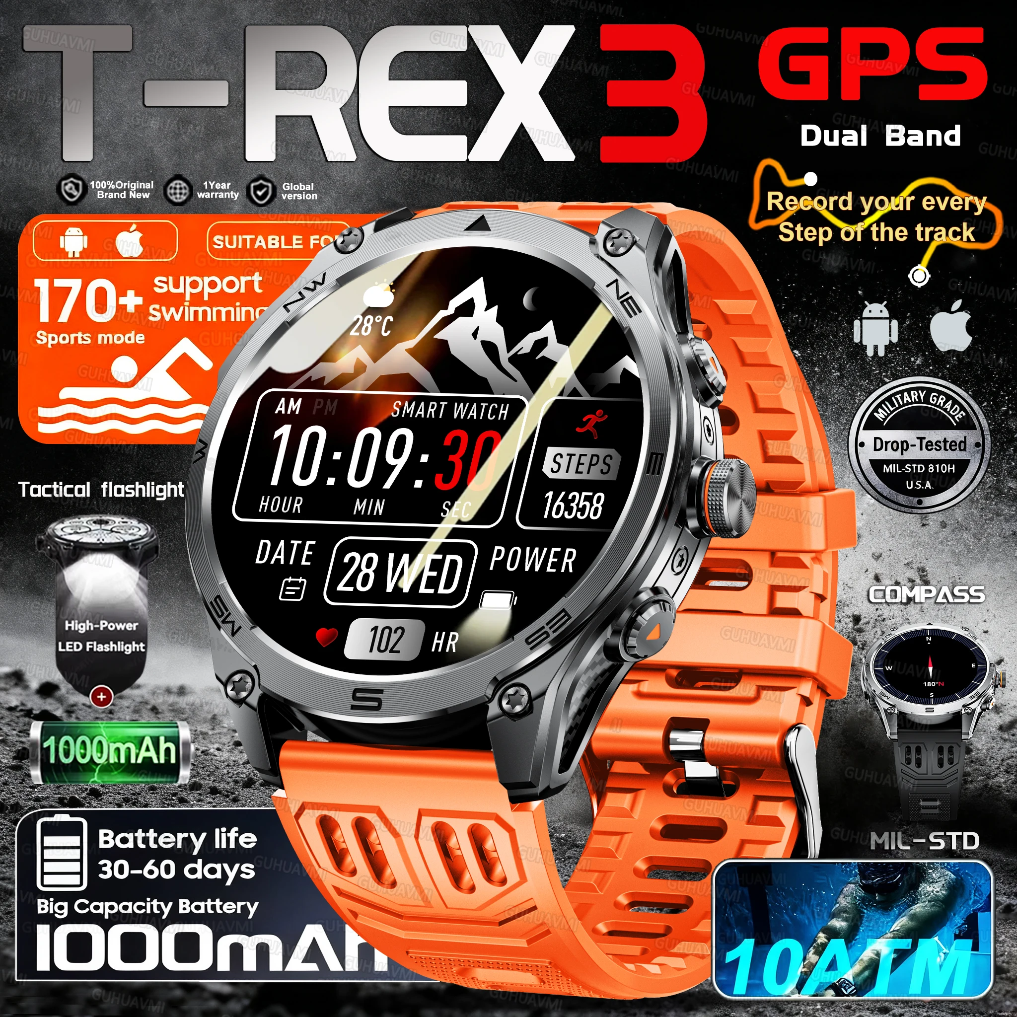 

Новинка 2025 года, лучшие военные GPS-спортивные умные часы на открытом воздухе, 10 АТМ, водонепроницаемые, встроенный двухдиапазонный компас, альтиметр, умные часы для плавания