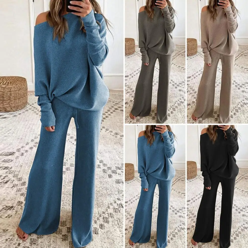 2023 Autumn Women Knitted Suit Loose Knit Women\'s Pantsuit Solid Warm Long Sleeve Casual Soft Sweater Sets for Women 2 Piece New