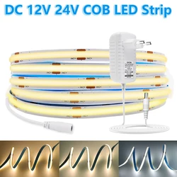 Bande lumineuse LED COB 12V 24V 320 diodes/m, ruban linéaire, 8mm de largeur, bande adhésive Flexible avec alimentation 5m 10m