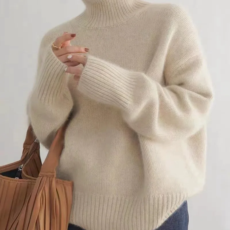 

Korean Women's Sweater Loose Turtleneck Sweaters Warm Solid Pullover Knitwear Basic Female Tops Autumn Winter 2024