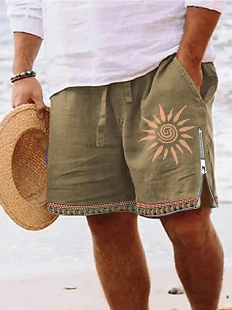 Pantalones cortos con cremallera para hombre, Shorts de lino y algodón, holgados e informales, con cordón, estampado de patrón de moda, para playa, Verano