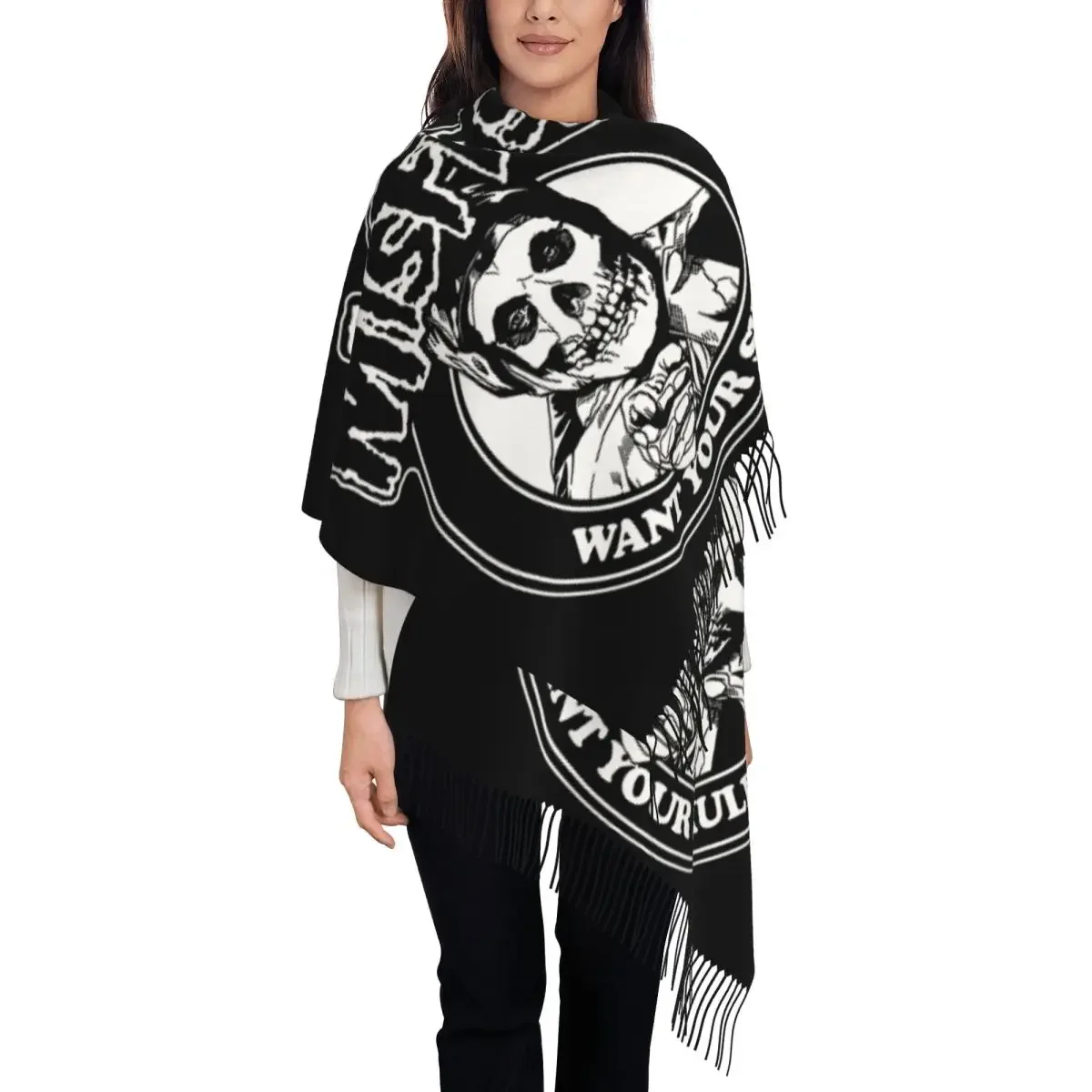 Custom Horror Punk Rock Misfits Skull Tassel Scarf Women Soft Shawls Wraps Lady Winter Fall Scarves