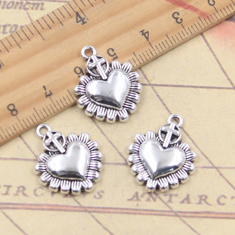 10pcs Charms Cross Flower Heart 22x18mm Antique Silver Color Pendants Tibetan Making DIY Handmade Craft Jewelry