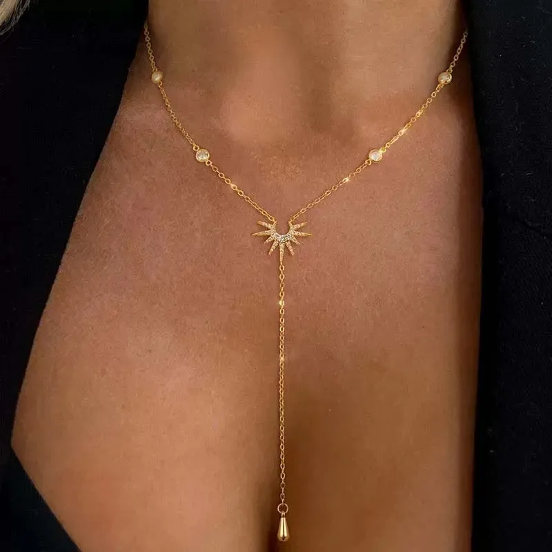 Collar con colgante en forma de Y de acero inoxidable para mujeres y niñas, gargantilla colgante con borla larga de circonia cúbica a la moda, regalos de joyería