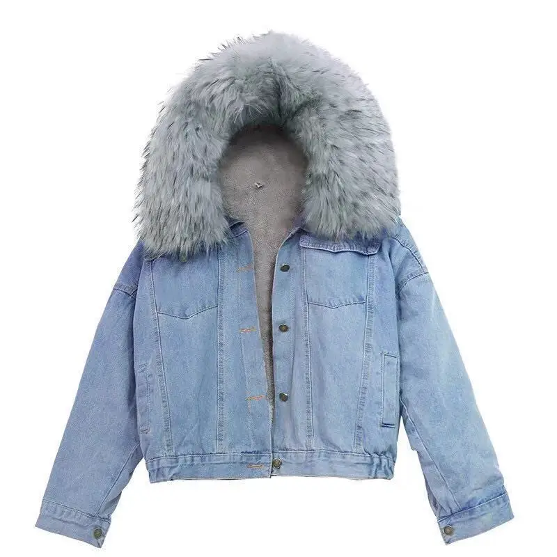 Winter Fur Denim Jacket Women Fashion Faux Rabbit Fur Blue Jeans Jacket Coat with Warm Lining Female Fur Collar Oversize Outwear