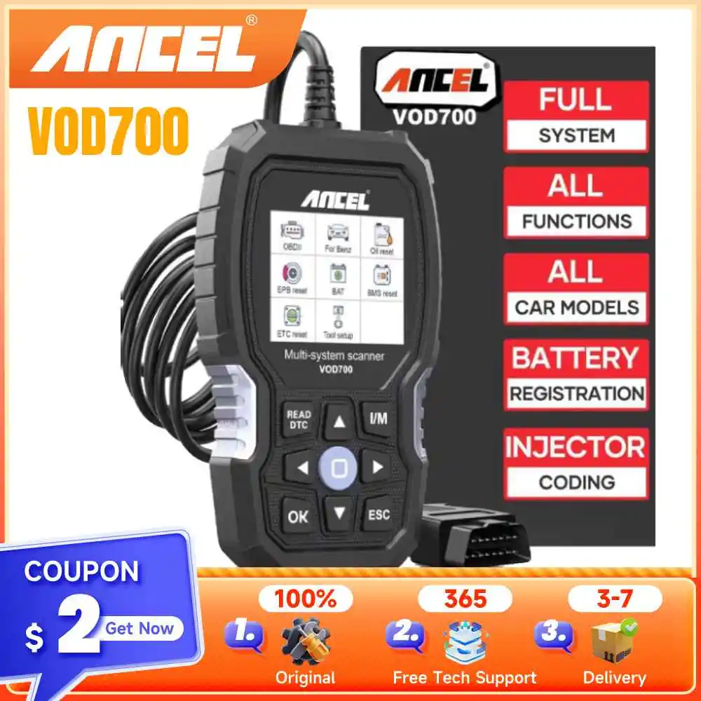 ANCEL VOD700 OBD2 Scanner Fits for Volvo Car Code Reader ABS Bleeding Injector Oil Reset All System OBD2 Diagnostic Scan Tool