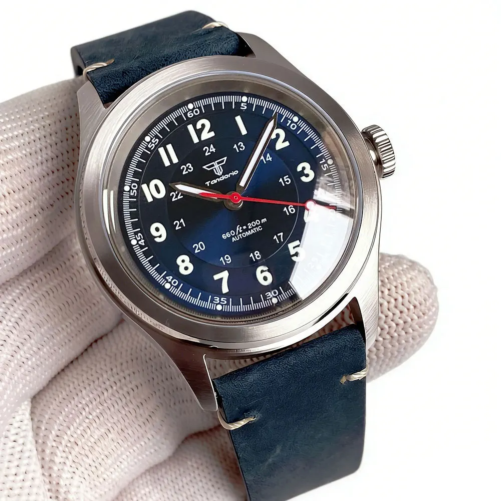 Montre mécanique vintage pour homme Tandorio, automatique, avec marques lumineuses, verre saphir, mouvement japonais NH35, étanche 100 m, bracelet en cuir rétro