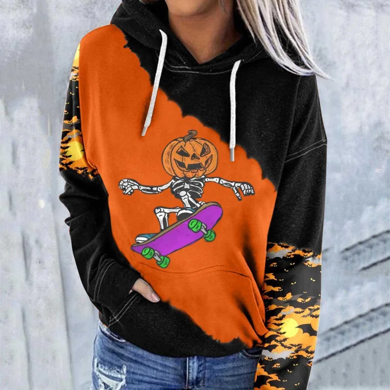 Spring and Autumn ladies 3D printed Halloween Horror elements hoodie trendy loose sweatshirt long sleeve hooded street wear