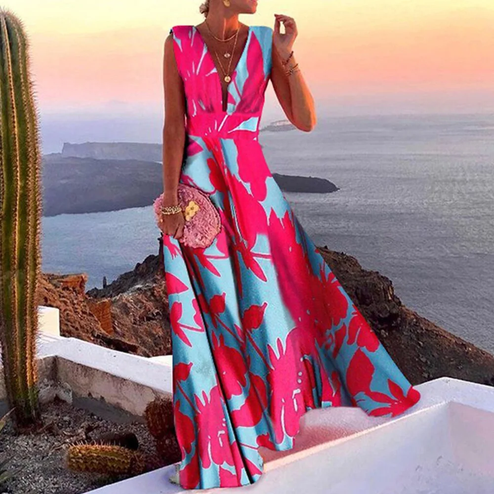 

Women Summer Dresses 2022 Fashion Tie Dye Sleeveless Deep V Neck Elegant Holiday Boho Casual A-Line Long Dress Free Shipping