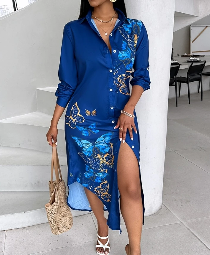 

Women's Dress Casual Butterfly Print Turn-down Collar Pocket Design Roll Up Long Sleeve Button Asymmetric Split Maxi Shirt Dress