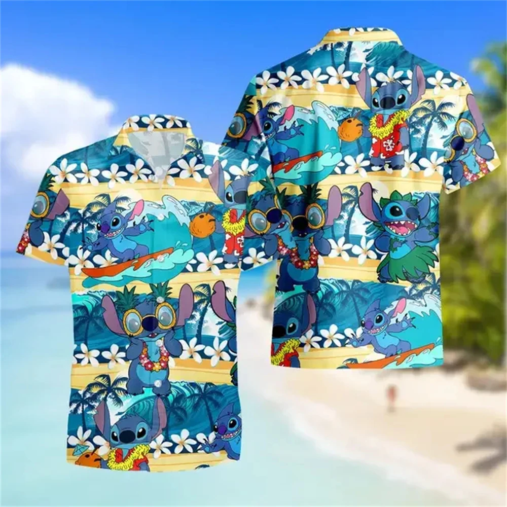 MINISO Stitch and Lilo Hawaiian Shirts Summer Fashion Short Sleeve Shirts Men Women Casual Beach Shirts Kids Hawaiian Shirts