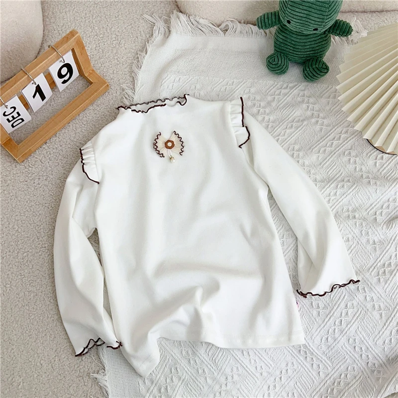 

Sweet Children's Base White Shirt for Spring Autumn Top Lace Thickened Girl Long Sleeved T-shirt Korean Children's Clothes 2025