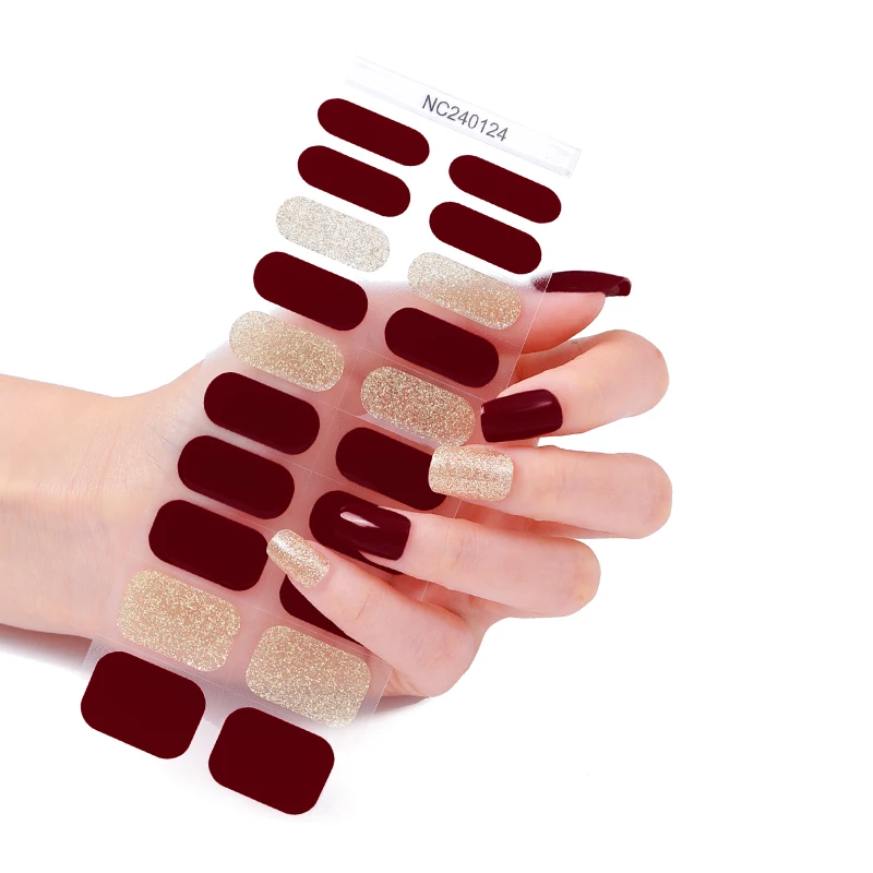 20Tips Shinning Semi Cured Gel Nail Strips Solid Color DIY Long-Lasting UV Nail Sticker Sparkly Full Cover Gel Manicure Wraps