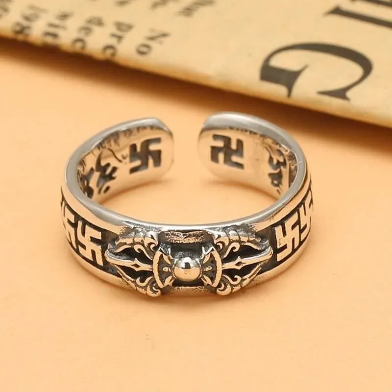 Silver Plated Buddhist Sutra Vajra Cross Adjustable Ring Retro Religious Open Ring for Men and Women Fashion Jewelry