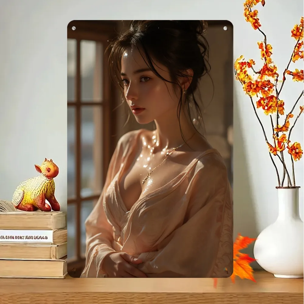 Vintage Sexy Asian Woman In Sheer Beige Robe Sunlit Window Retro Metal Tin Sign, Rustic Wet Skin Glow Aesthetic Model Wall Art D