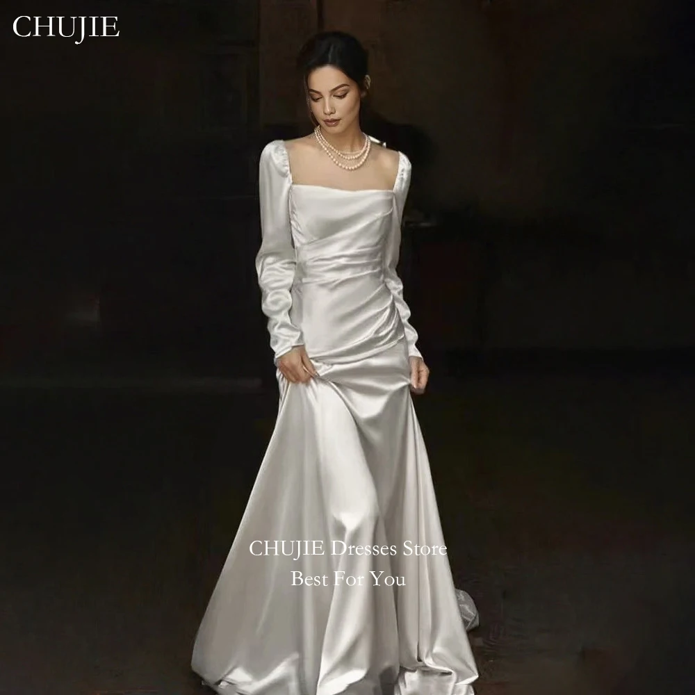 

White Long Sleeves Mermaid Pleat Wedding Dress Think Silk Satin Modest Bridal Gown Bride Dress Guest Prom Party Gowns Customized