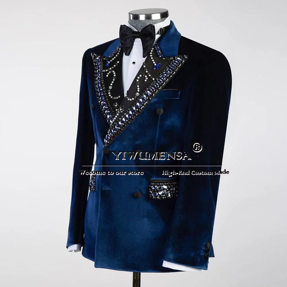 Luxury Navy Velvet Suits Men For Wedding Double Breasted Jacket Pants 2 Pieces Set Groom Tuxedo Bespoke Male Fashion Clothing