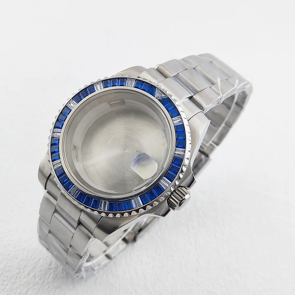 

41mm watch Case with oyster Color Diamond Inlaid Flat Magnifying Glass Stainless Steel Sapphire Glass Case Fit NH35/36 Movement