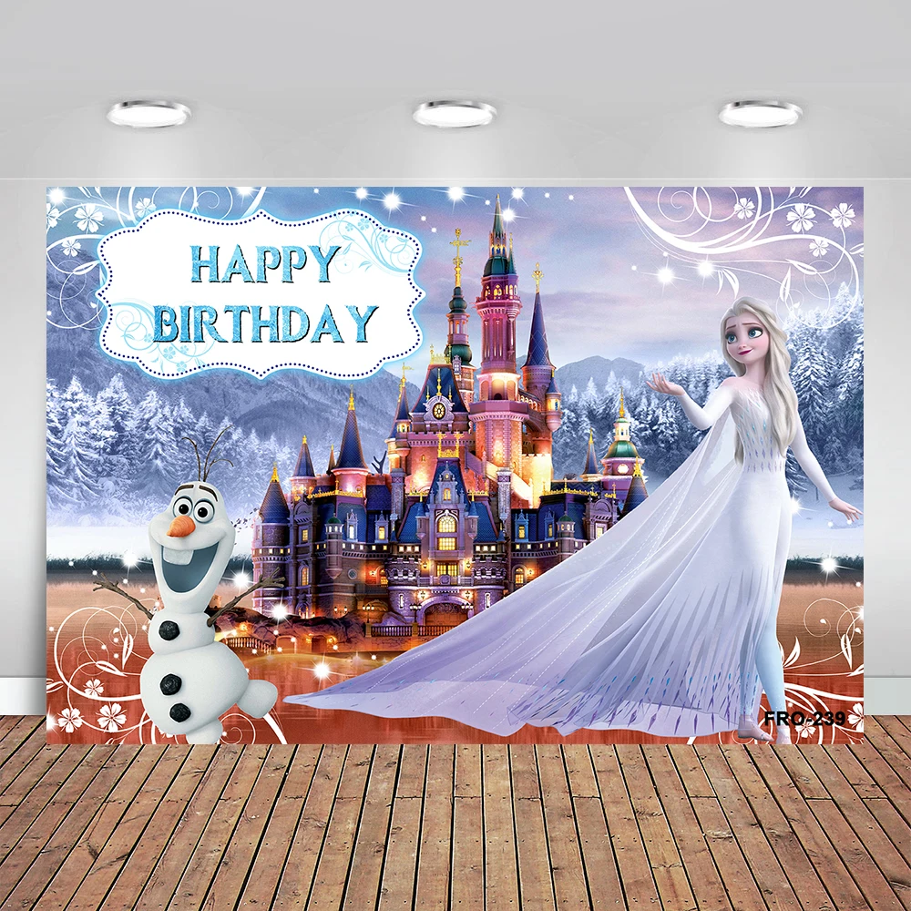 

Disney Custom Frozen Anna Elsa Princess Ice Castle Cartoon Photographic Backdrops for Party Background Birthday Party Decoration