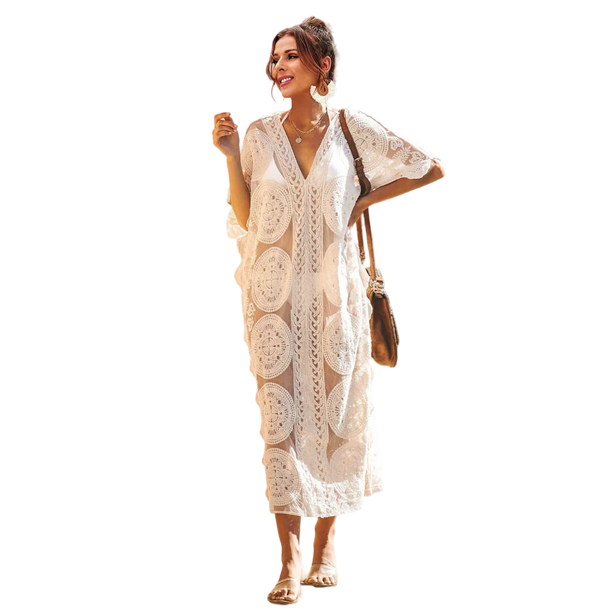 

Белый кружевной прозрачный кафтан, длинное пляжное платье для женщин, модное бикини, накидка с V-образным вырезом, рукав «летучая мышь», круглый узор