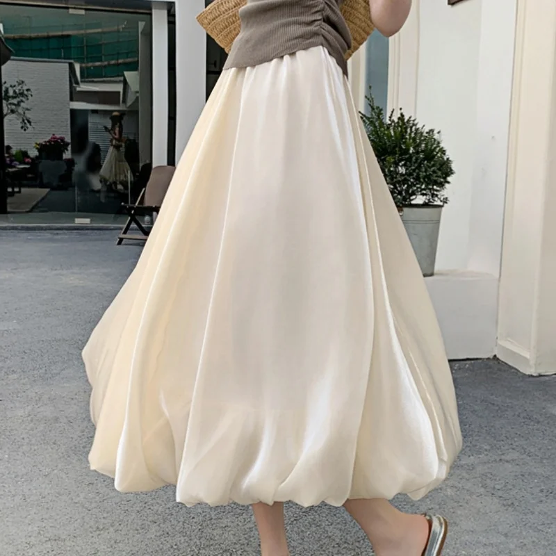 

Seoulish Spring Summer Satin Women's Bubble Skirts 2025 New Elegant High Waist Solid Casual A-line Bud Skirts for Womens