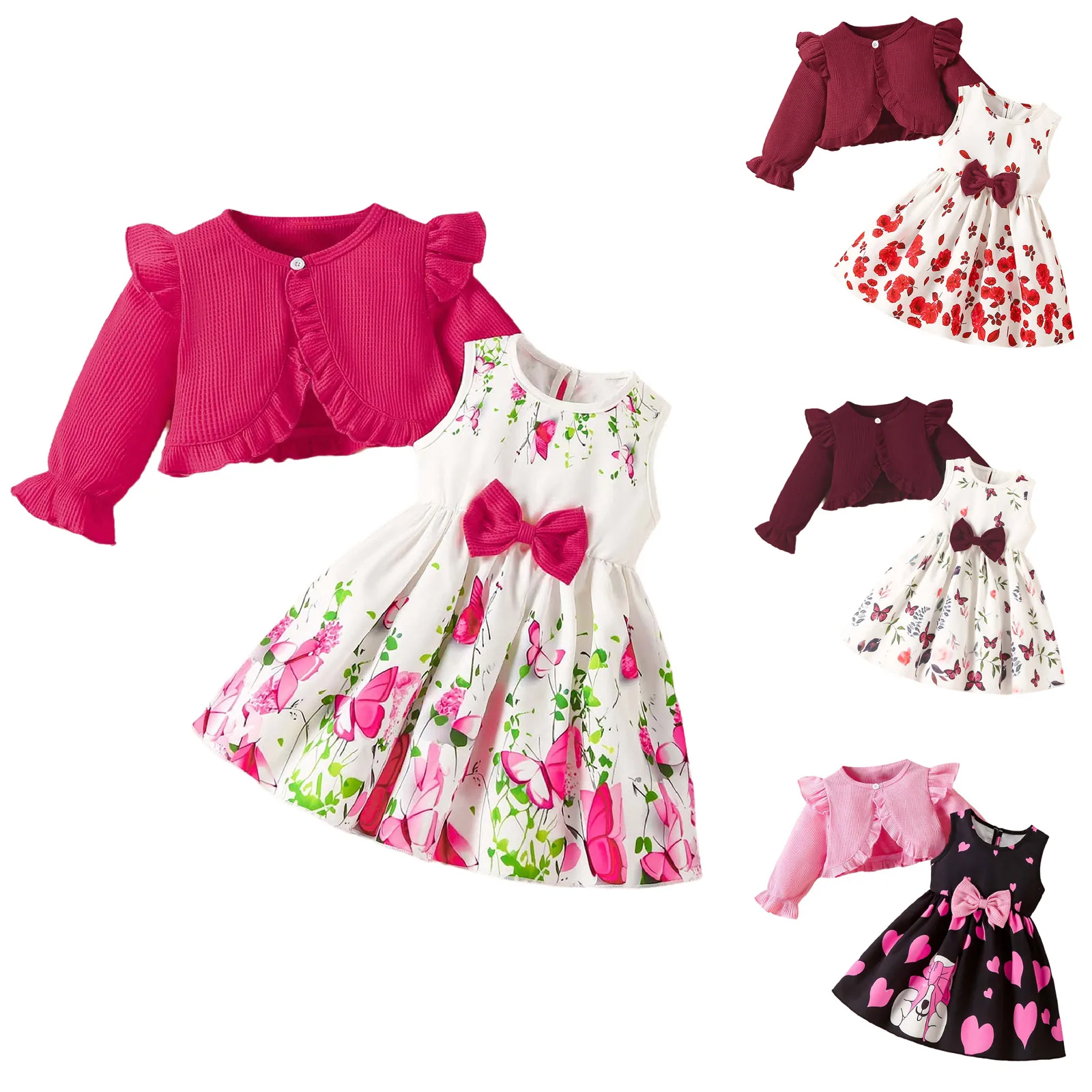 

Toddler Baby Girls Floral Dress with Cardigan Set Sleeveless Bowknot Dress Long Sleeves Ruffles Coat for Wedding Birthday Party