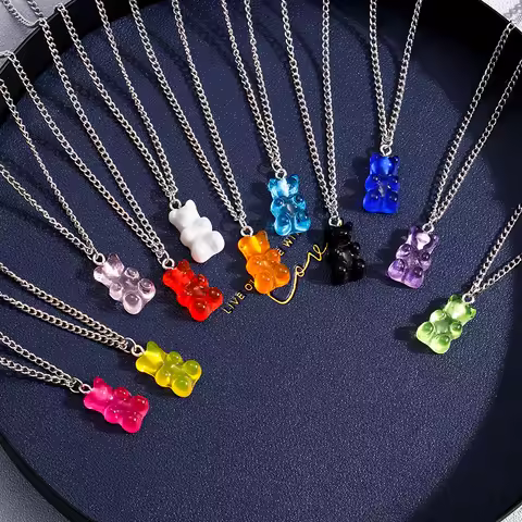 Fashion Candy Color Gummy Bear Necklaces for Women Girls Cartoon 3D Animal Necklace Pendants Party Jewelry Gifts