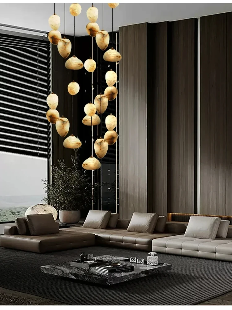 

2025 Modern Nordic Pendant Lamp Chandelier Dimmable Light Brass Irregular Oval Marble Ceiling Fixture for Living Dining Room
