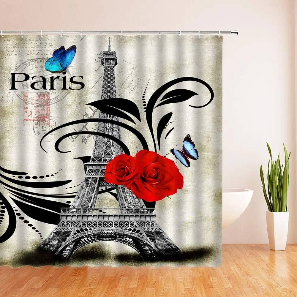 

Vintage Paris Tower Shower Curtain Red Rose Stamp Floral Pattern France Art City Scenery Fabric Bathroom Curtains Set with Hook