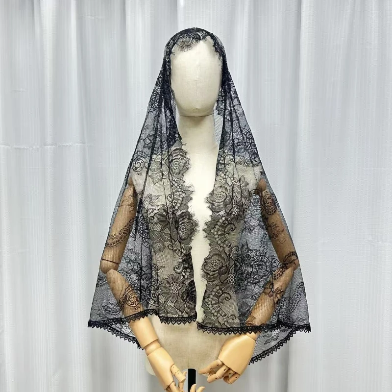 Women'S Solid Color Floral Veil Lace Hollow Mesh Head Cover Church Prayer Wedding Gothic Shoulder Veil Mysterious And Sexy Style
