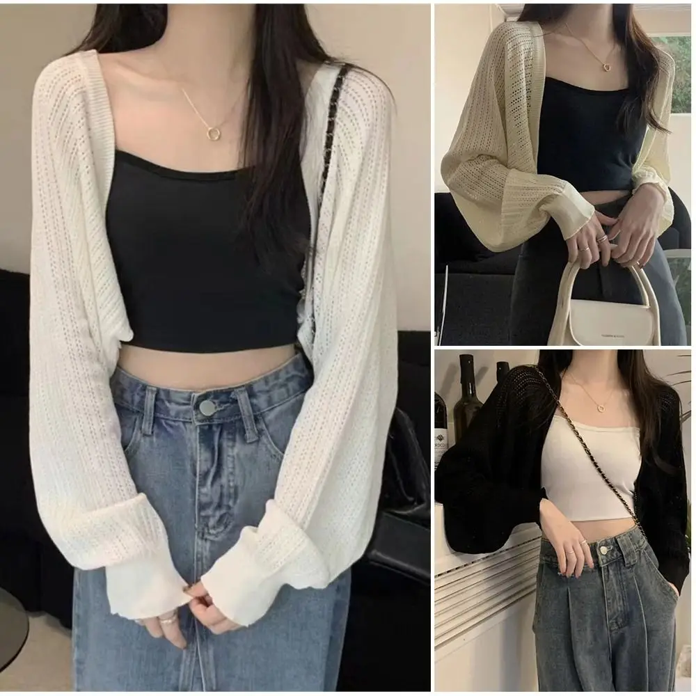 

Французский вязаный кардиган, топ с длинными рукавами, летняя тонкая шаль, дышащая однотонная солнцезащитная накидка