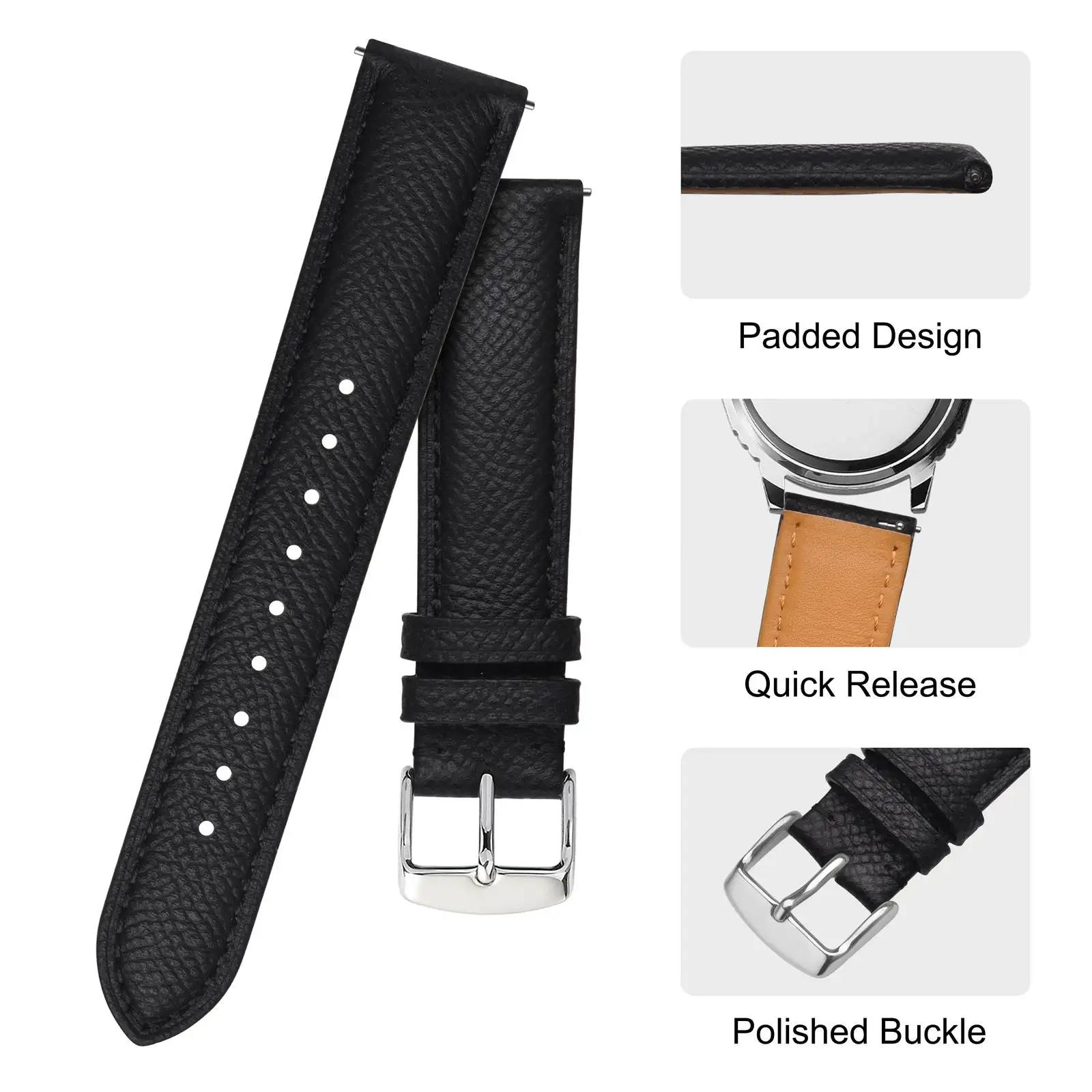 BISONSTRAP Texture Leather Watch Strap Belt for Men Women 18mm 20mm 22mm  Bracelets Watchband Quick Replacement Black Buckle