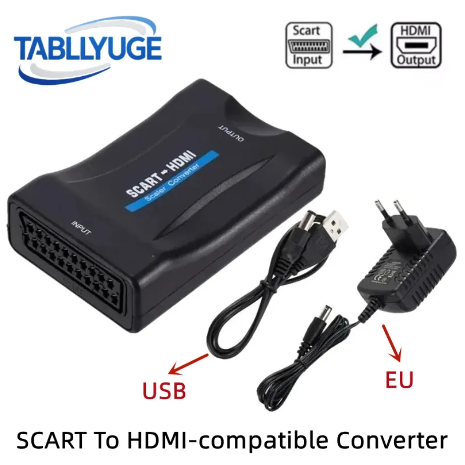 1080P SCART To HDMI-compatible Video Audio Converter Adapter with USB/EU Power Cable  for TV DVD Sky Box Plug and Play DC Cable
