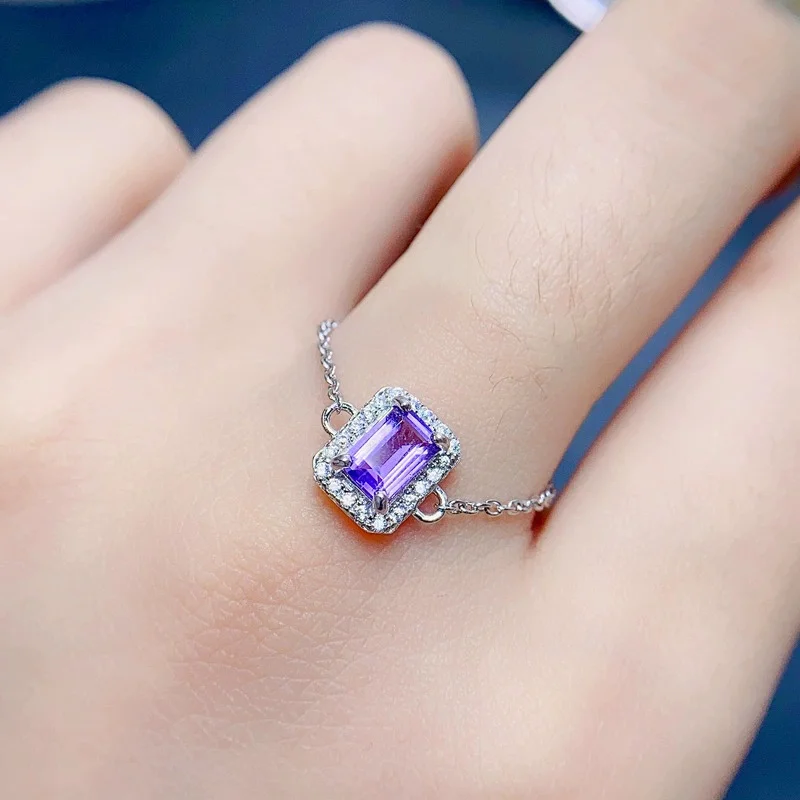 Fashion 925 Silver Chain Ring 4mm*6mm 0.5ct VVS Grade Natural Amethyst Ring for Daily Wear 18K Gold Plating Gemstone Jewelry