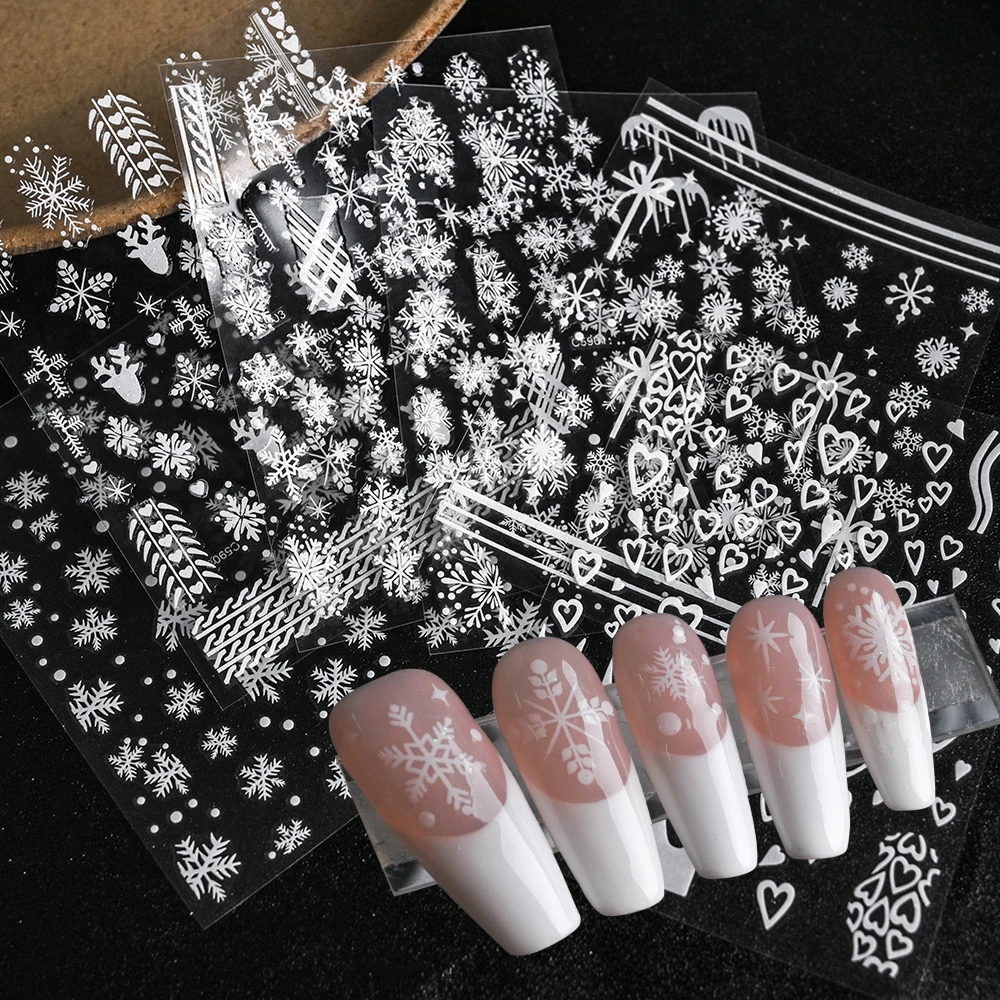3D White Snowflake Christmas Nail Art Sticker Reindeer Heart Love Bowknot Snow Nail Decals Xmas Winter Festive Nail Supplies*&%-