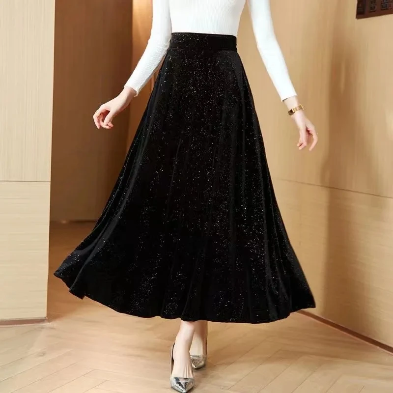 Women Elastic High Waist A-line Long Skirts Autumn Winter Ladies Fashion Sequin Black Maxi Skirt New Female Golden Velvet Skirts