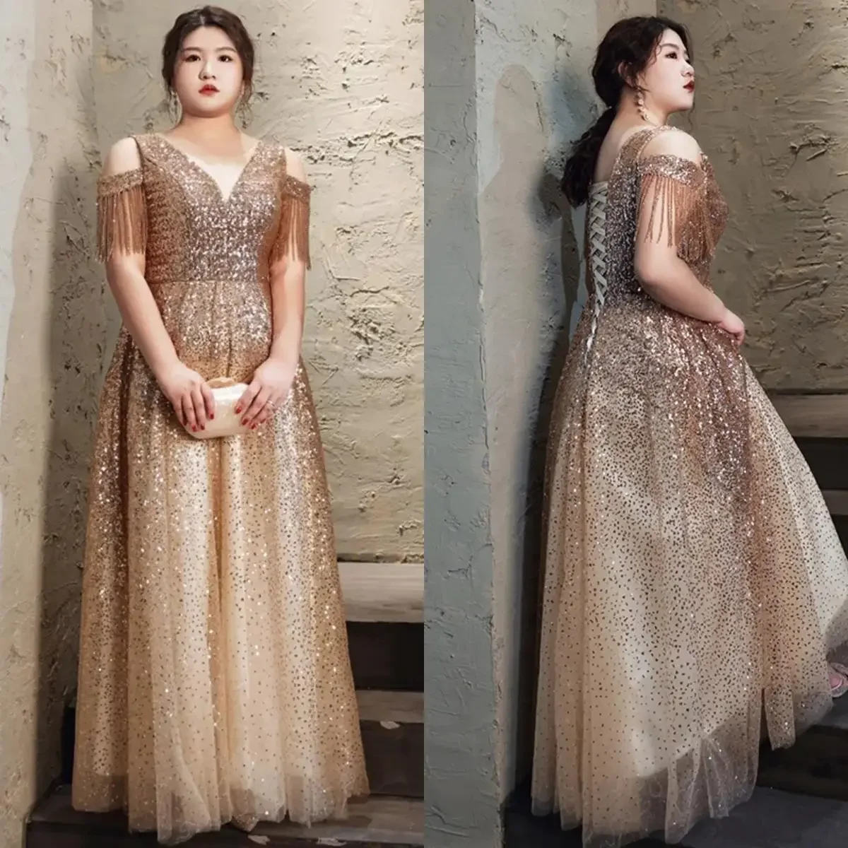 

Evening Dress Hot Beading Golden Sequins Tassel Off the Shoulder A-line Floor Length Lace up Plus size Women Party Formal Gown