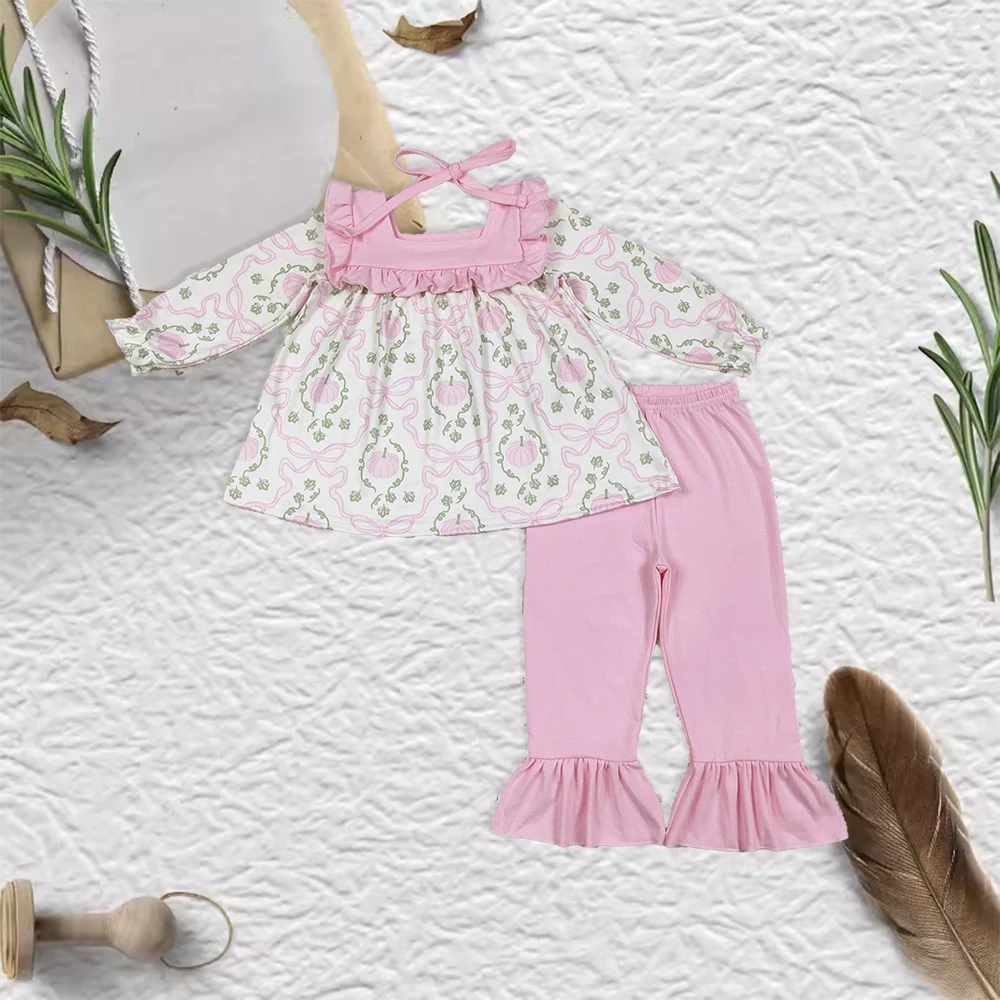 

RTS Baby Girl Pink Pumpkins Tunic Top Matching Ruffle Pants Outfit Wholesale Children Girls Fall Winter Clothes Kids Outfit