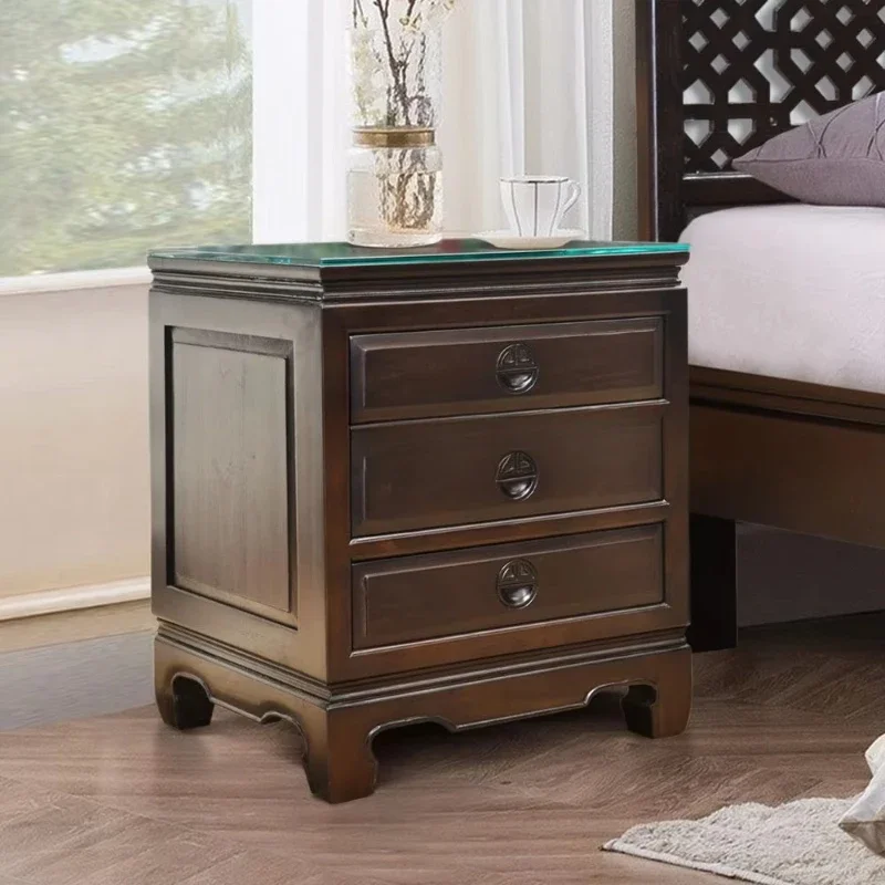Handmade Indonesian Solid Teak Bedside with 3 Drawers Dark Chinese Bedroom Furniture