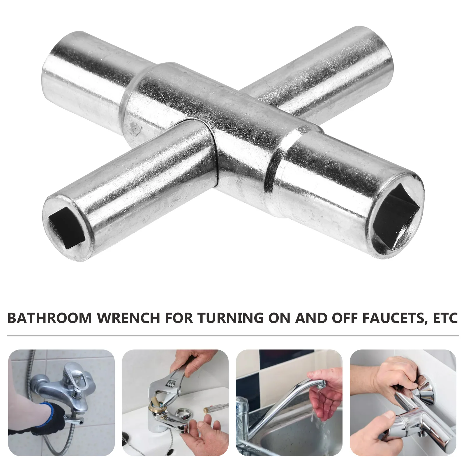 

1Pcs Silver Professional Faucet Wrench 4 in 1 Bathroom Cross Wrench Multifunctional Hand Tool Easy Operation Durable