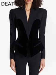 DEAT Fashion Women's Blazer Notched Collar Velvet Spliced Long Sleeves Single Breasted Slim Suit Jackets Autumn 2024 New 7AB529