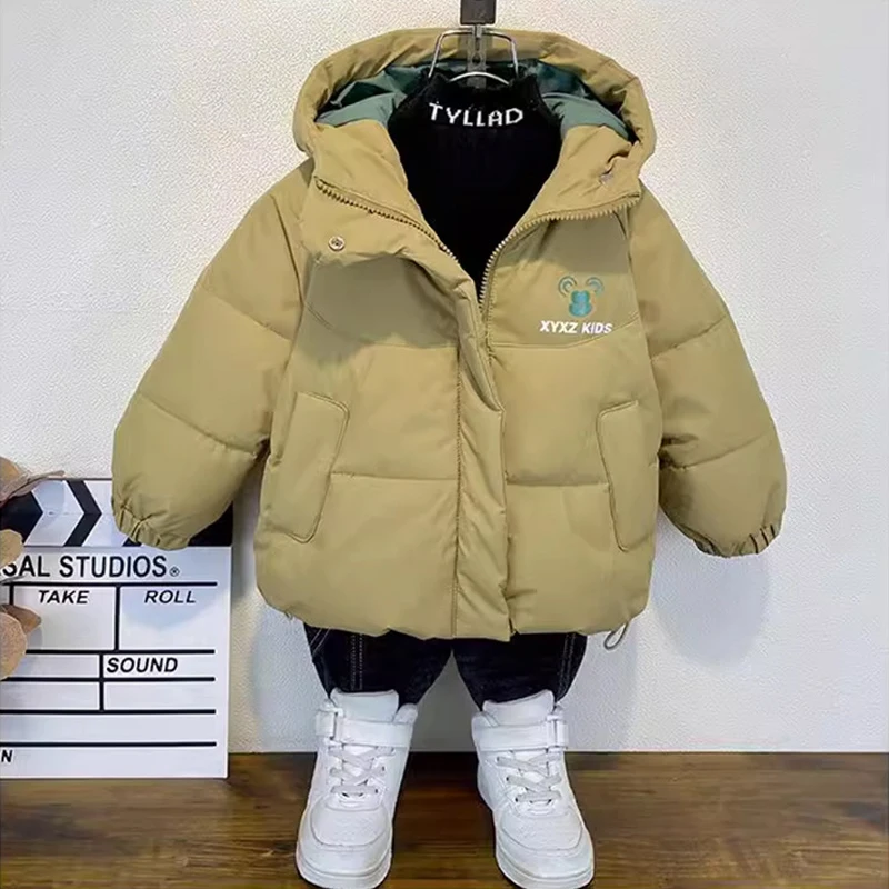 

Новая зимняя куртка для мальчиков, однотонное пальто с буквенным принтом, толстое теплое пальто на молнии с капюшоном для девочек-подростков 3-12 лет, повседневная верхняя одежда на хлопковом пуху