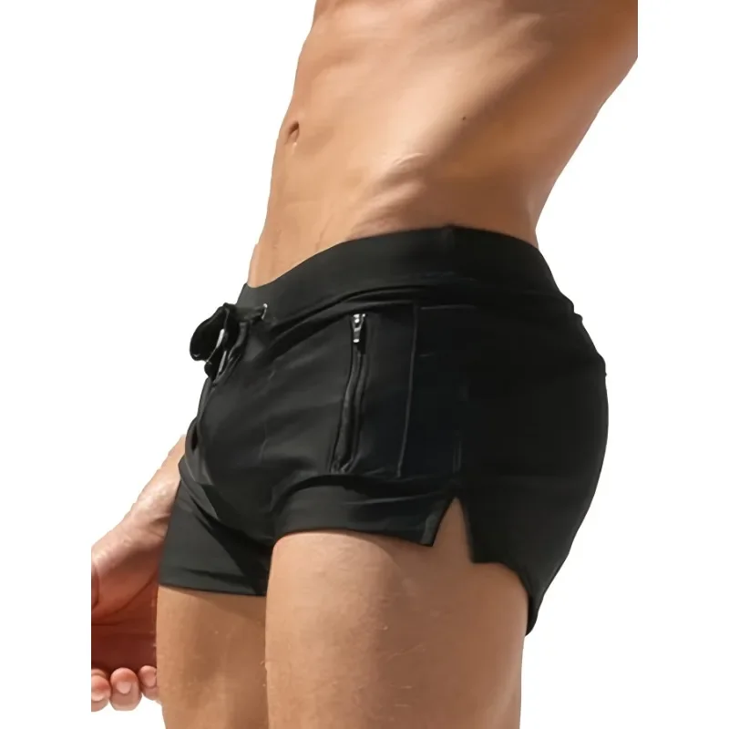 

Stretchy Nylon & Elastane Men's Quick-Dry Swim Trunks with Zipper Pocket - Solid Color, Drawstring Waistband for Beach & Pool