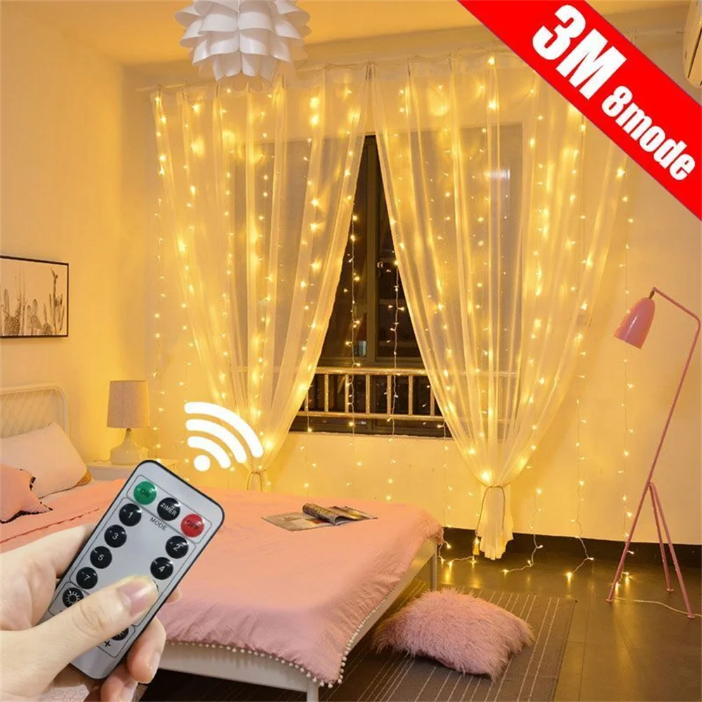 3M LED Curtain Garland on The Window USB String Lights Fairy Festoon Remote Control Christmas Wedding Decorations for Home Room