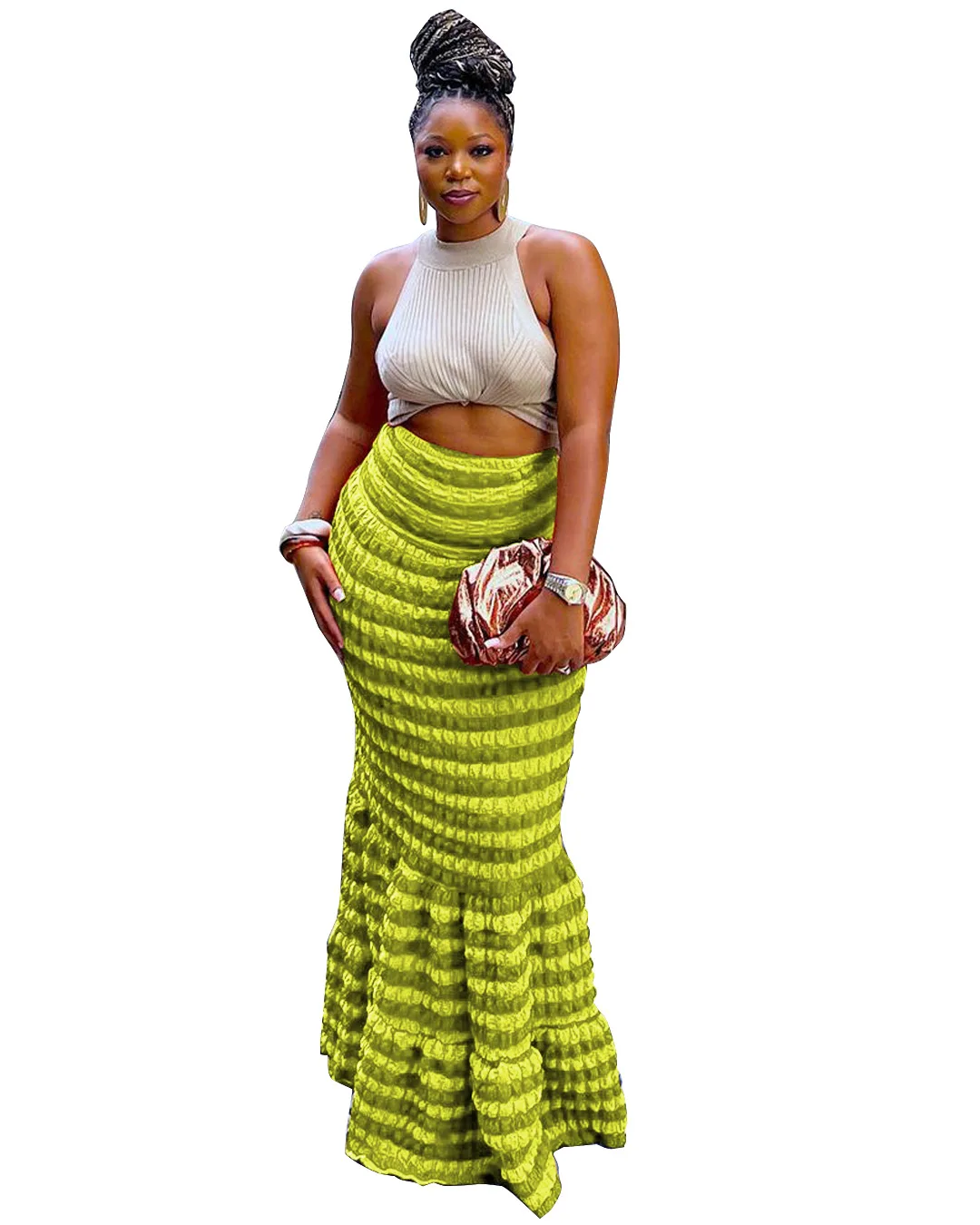 Elegant African Clothes for Women Autumn Africa Plaid Ruffles High Waist Bodycon Maxi Long Skirts Mermaid Skirt African Clothing