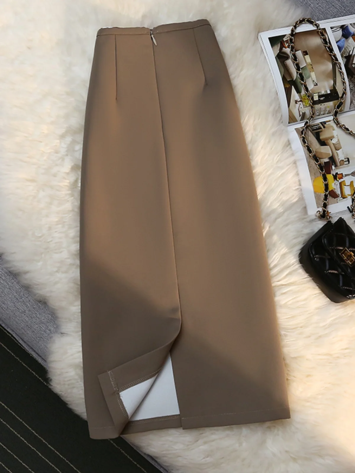 

Женская юбка-миди цвета хаки с высокой талией, А-силуэт, облегающая, с разрезом, в корейском стиле, для офиса, на молнии, повседневная, весна-осень