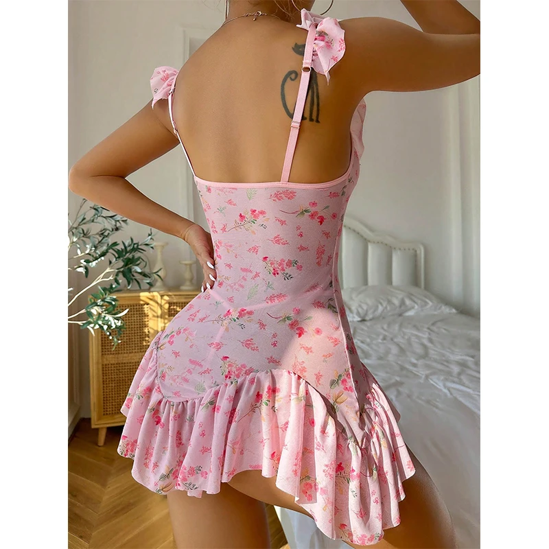Nouveau imprimé plié Sexy fleur sous-vêtements maille pyjama jupe de nuit ensemble