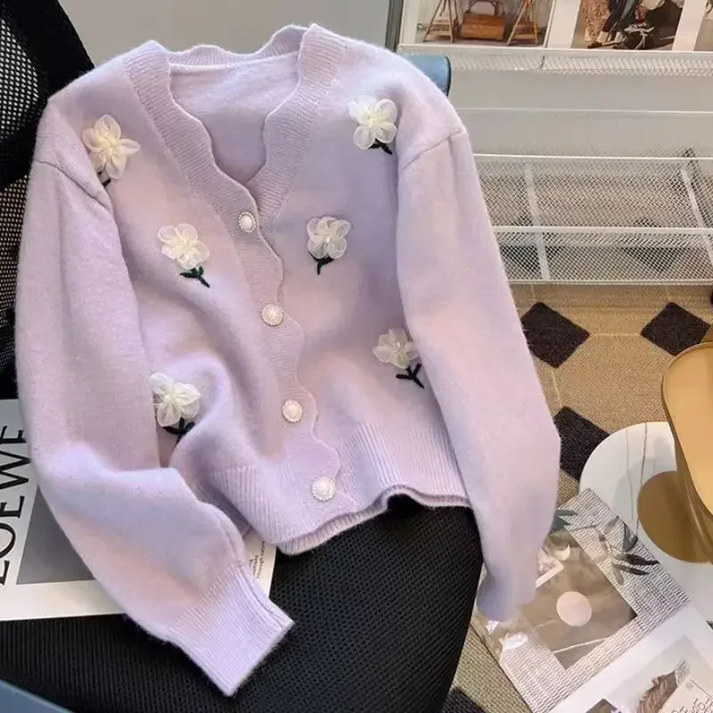 

Loose Knitted V-Neck Sweater Coat Women's Spring Autumn Outerwear New Arrival European Style Casual Long Sleeve Top